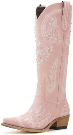 vodvob western cowboy boots for women rhinestone knee high cowgirl snip toe